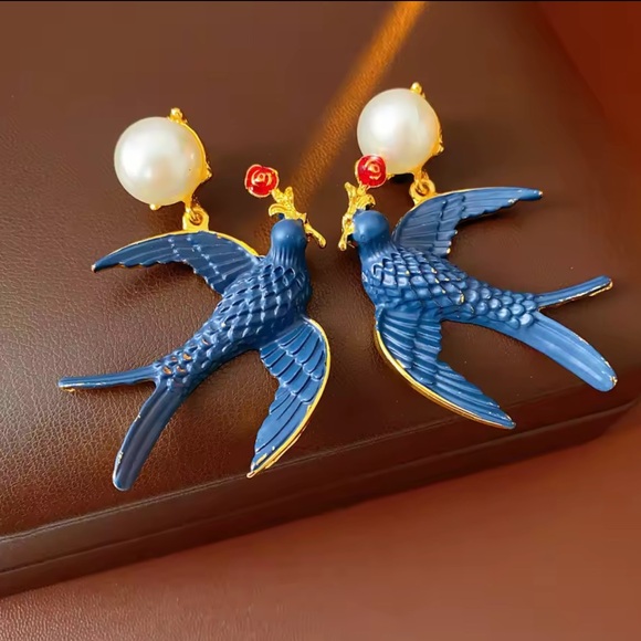 Blue Bird Pearl Drop Earrings - Picture 2 of 4